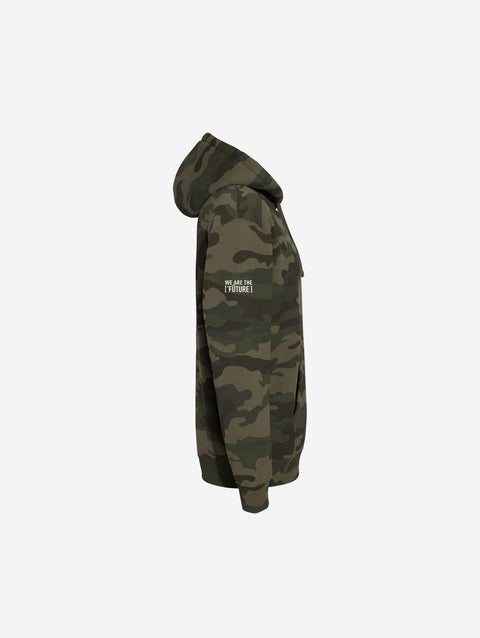 A trendy green camo hoodie with a bold white sixteen logo. The heavyweight material provides warmth and comfort while maintaining a sleek, fashionable appearance.