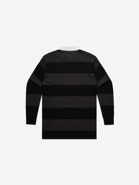 Black and coal rugby stripe jersey featuring a crisp white collar and embroidered emblem, offering a classic and bold look.