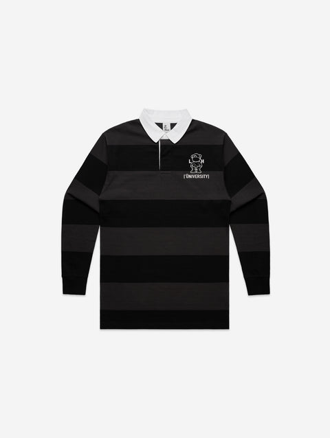 Black and coal rugby stripe jersey featuring a crisp white collar and embroidered emblem, offering a classic and bold look.