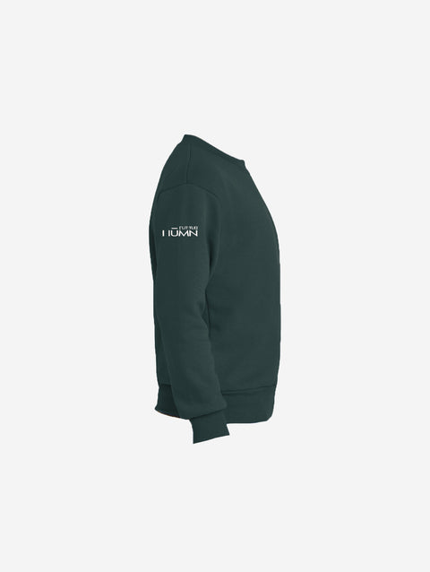 Youth fleece sweatshirt in a deep green tone, showcasing the bold LH mascot design in black. Comfortable and perfect for everyday wear.