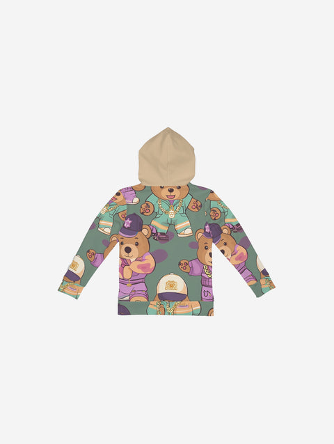 Little Humn Hu Bear Print Green Kids Hoodie