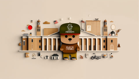 A bear wearing a green cap and shirt with the text 'UNIVERSITY' and 'WE ARE THE [FŪTURE]' in front of a classical university building, surrounded by educational icons like a globe, book, clock tower, and microscope, symbolizing learning and innovation.