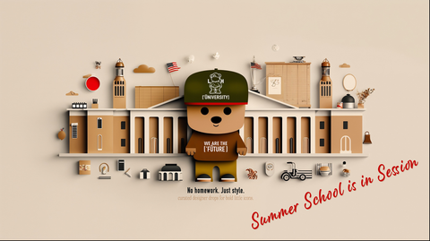 Educational-themed shelf with a teddy bear wearing a graduation cap and 'University' sign, surrounded by miniature buildings and books.