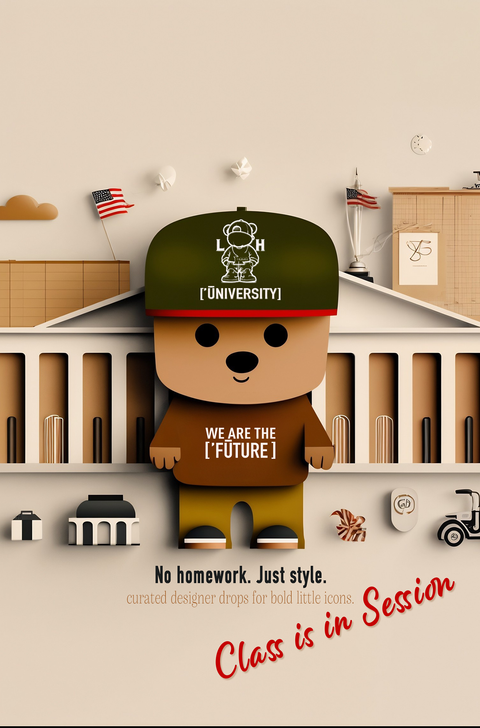 Animated character in a cap and t-shirt with educational background