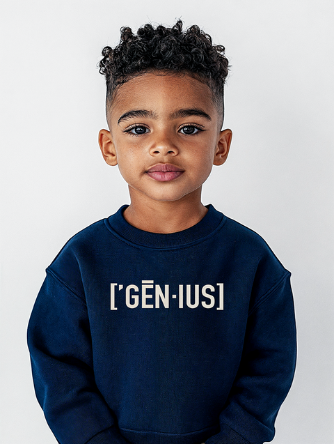 A young boy wearing a navy sweatshirt with GENIUS printed in white across the chest. The look is polished yet playful, embodying smart and stylish vibes.