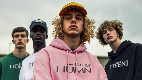 A group of four teenage models standing confidently in LITTLE HUMN hoodies. The group includes bold colors like pink and green, paired with baseball caps for a streetwear-inspired look. The backdrop of a cloudy outdoor setting adds an edgy, modern aesthetic.