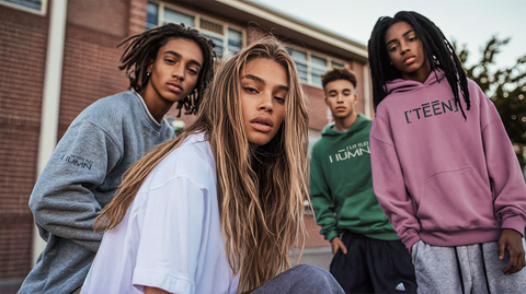 A stylish group of teens posing in casual yet trendy LITTLE HUMN apparel. The designs include green, pink, and grey hoodies with simple logos like TEEN. The school setting and youthful energy emphasize the cool and laid-back vibe of the collection.
