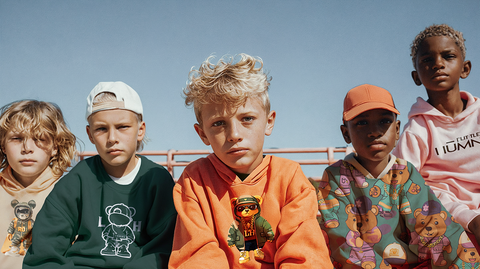 Five kids wearing colorful LITTLE HUMN hoodies featuring graphic bear designs and bold text. The outfits highlight a playful mix of orange, green, and pastel tones, reflecting fun and creativity in fashion for kids.