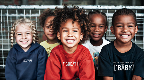 A group of five smiling children wearing colorful sweatshirts and hoodies from the LITTLE HUMN collection. The designs feature bold prints like GREAT and BABY that add personality to each outfit. The diverse group radiates joy and energy, showcasing the playful and stylish vibe of the collection.