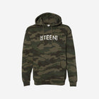 A green camouflage hoodie crafted from high-quality materials, featuring the white fifteen for a bold and contemporary streetwear vibe.