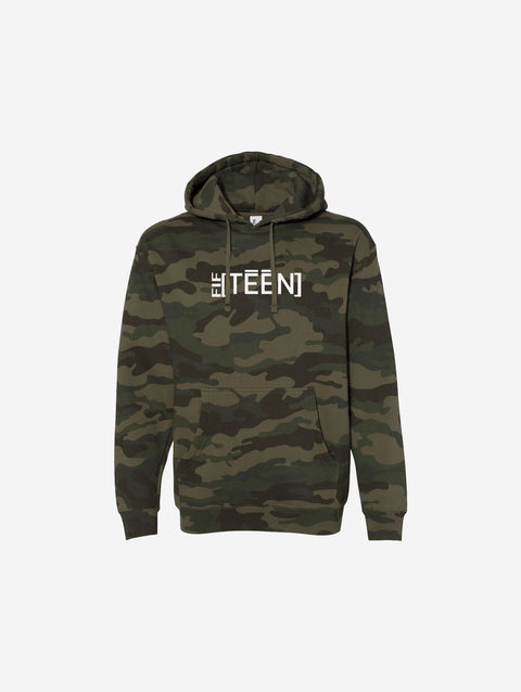 A green camouflage hoodie crafted from high-quality materials, featuring the white fifteen for a bold and contemporary streetwear vibe.