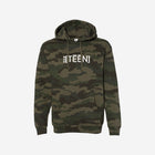 A trendy green camo hoodie with a bold white sixteen logo. The heavyweight material provides warmth and comfort while maintaining a sleek, fashionable appearance.