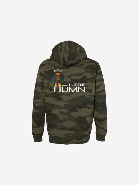A classic green camouflage hoodie with a bold white nineteen text printed across the chest. This heavyweight hoodie is perfect for teens looking to combine functionality with an urban style.