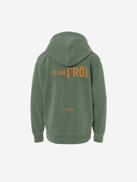 ['RŌ] Youth pigment-dyed hoodie in soft green, featuring the iconic astronaut bear graphic. Cozy and stylish, perfect for adventurous kids.