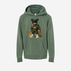 ['RŌ] Youth pigment-dyed hoodie in soft green, featuring the iconic astronaut bear graphic. Cozy and stylish, perfect for adventurous kids.