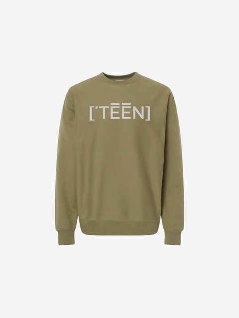 A stylish green cross-grain crewneck sweatshirt with the iconic ['TEEN] logo in a bold contrasting font. Perfect for a natural, earthy vibe.