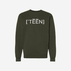 A deep olive green crewneck sweatshirt featuring the ['TEEN] branding in black. Great for a rugged, outdoorsy style.