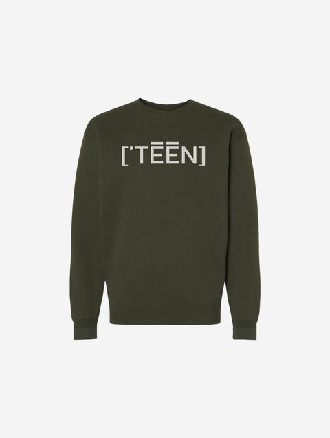 A deep olive green crewneck sweatshirt featuring the ['TEEN] branding in black. Great for a rugged, outdoorsy style.