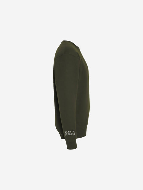 A deep olive green crewneck sweatshirt featuring the ['TEEN] branding in black. Great for a rugged, outdoorsy style.