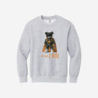 Light ash gray youth fleece sweatshirt featuring the iconic ['RŌ] bear graphic, adding a clean and cozy touch to any wardrobe.