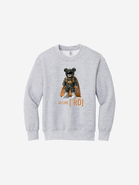 Light ash gray youth fleece sweatshirt featuring the iconic ['RŌ] bear graphic, adding a clean and cozy touch to any wardrobe.