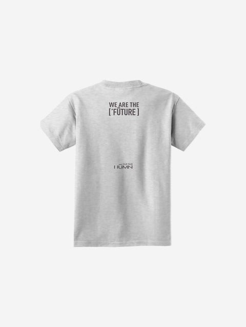 A neutral ash gray youth essential tee featuring the ['LIT·TLE] HŪMN bear, made for everyday minimalism.