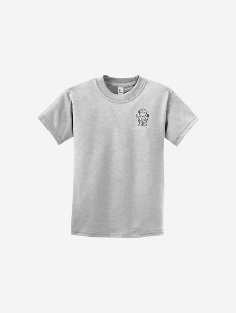 A neutral ash gray youth essential tee featuring the ['LIT·TLE] HŪMN bear, made for everyday minimalism.