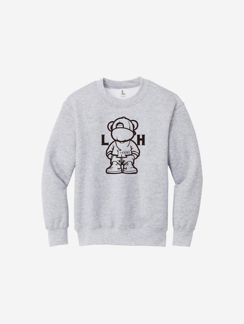 Youth fleece sweatshirt in light ash gray, with the LH mascot design in black. A soft and versatile pick for daily wear.
