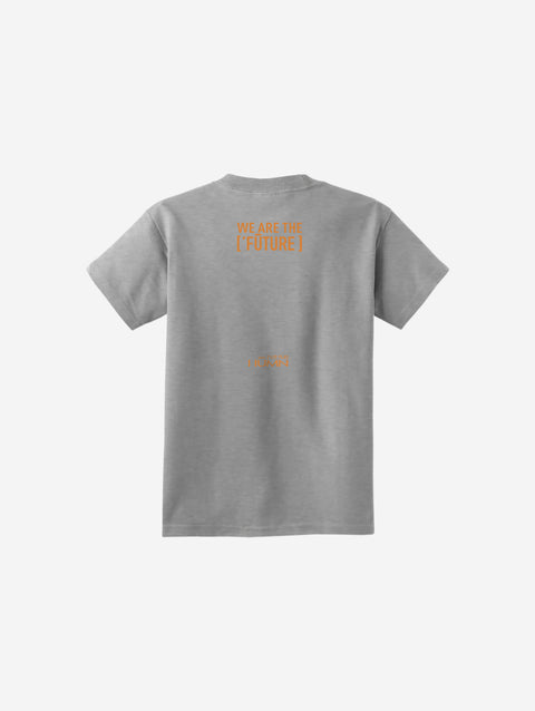 A classic heather gray youth t-shirt with the ['ro] bear design and empowering "Go Like ['RO]" phrase, offering versatile and comfortable wear.