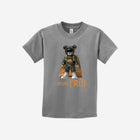 A classic heather gray youth t-shirt with the ['ro] bear design and empowering "Go Like ['RO]" phrase, offering versatile and comfortable wear.