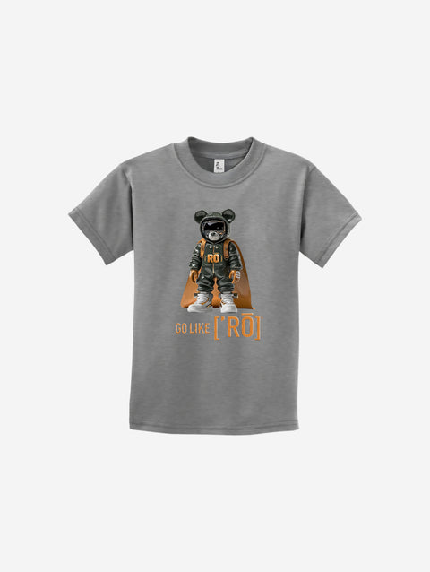 A classic heather gray youth t-shirt with the ['ro] bear design and empowering "Go Like ['RO]" phrase, offering versatile and comfortable wear.