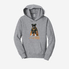 A versatile athletic gray fleece pullover sweatshirt showcasing the ['RO] bear, ideal for casual and active days.