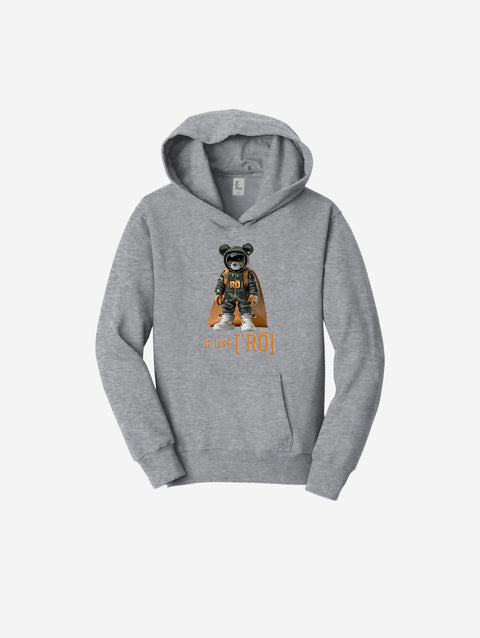 A versatile athletic gray fleece pullover sweatshirt showcasing the ['RO] bear, ideal for casual and active days.