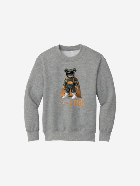 Heather gray youth fleece sweatshirt showcasing the ['RŌ] bear design, perfect for casual comfort and everyday wear.