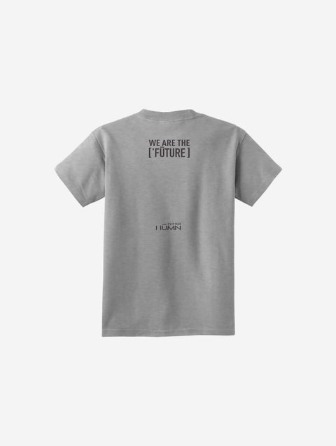 A light athletic gray youth essential tee with the ['LIT·TLE] HŪMN bear, made for active and casual styles.
