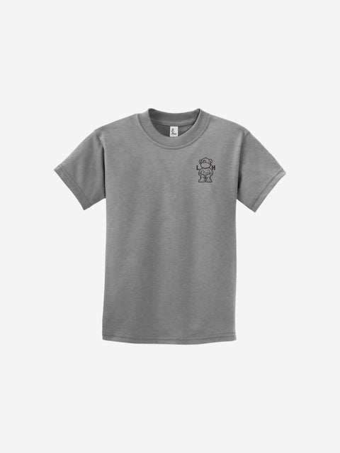 A light athletic gray youth essential tee with the ['LIT·TLE] HŪMN bear, made for active and casual styles.