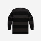 Black and coal rugby stripe jersey featuring a crisp white collar and embroidered emblem, offering a classic and bold look.