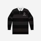 Black and coal rugby stripe jersey featuring a crisp white collar and embroidered emblem, offering a classic and bold look.