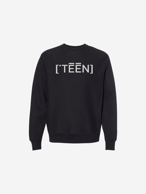A classic black cross-grain crewneck sweatshirt with the minimalist ['TEEN] design in a sharp light print. A versatile and timeless addition to any wardrobe.