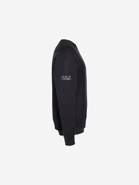 A classic black cross-grain crewneck sweatshirt with the minimalist ['TEEN] design in a sharp light print. A versatile and timeless addition to any wardrobe.