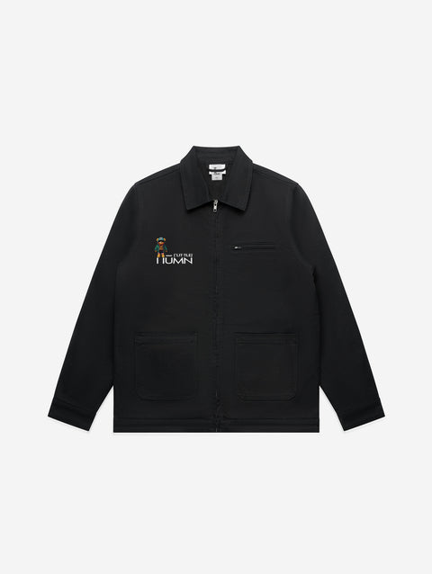 A classic black canvas jacket showcasing the 'LIL HU' logo on the chest. Perfect for everyday wear, with functional pockets and a clean, structured design.