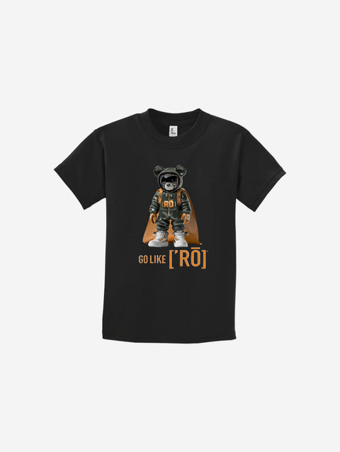 A sleek black youth t-shirt with the signature ['ro] bear design and "Go Like ['RO]" text for a timeless, polished look.