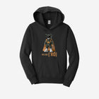 A bold black fleece pullover sweatshirt featuring the ['RO] bear graphic, perfect for keeping warm and looking effortlessly cool.