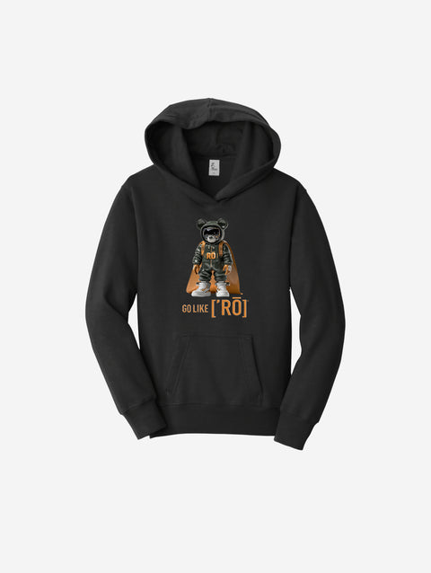 A bold black fleece pullover sweatshirt featuring the ['RO] bear graphic, perfect for keeping warm and looking effortlessly cool.