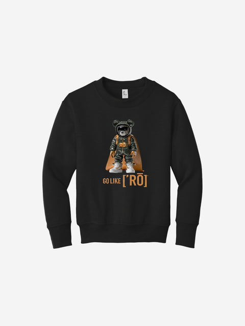 Timeless black youth fleece sweatshirt with the ['RŌ] bear emblem, delivering bold style and cozy warmth for all occasions.