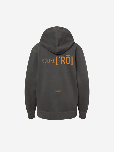 ['RŌ] Youth pigment-dyed hoodie in charcoal black, showcasing the signature astronaut bear artwork. A versatile and cozy favorite for young trendsetters.