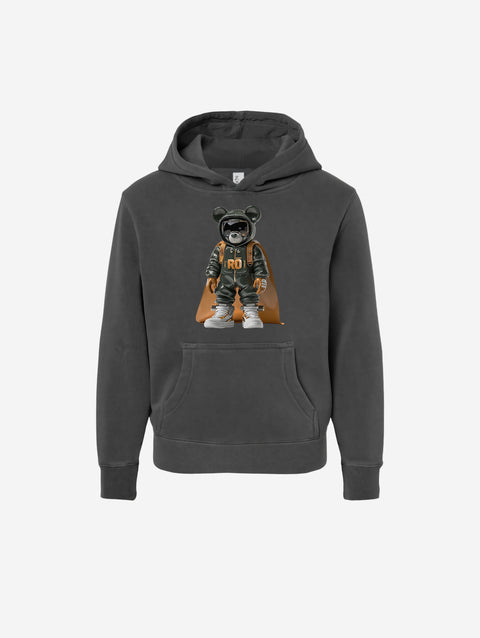['RŌ] Youth pigment-dyed hoodie in charcoal black, showcasing the signature astronaut bear artwork. A versatile and cozy favorite for young trendsetters.