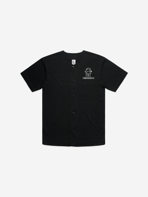 A sleek black baseball jersey featuring the 'Lil Hū' logo on the chest, offering a sporty and versatile style for casual wear.