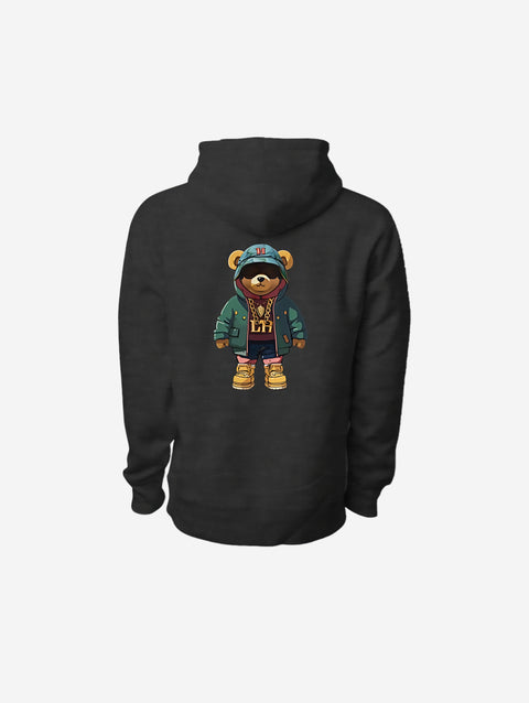 A premium charcoal-gray heavyweight hoodie showcasing the 'LITTLE HU' logo on the chest. Designed with a kangaroo pocket and adjustable hood for everyday wear.