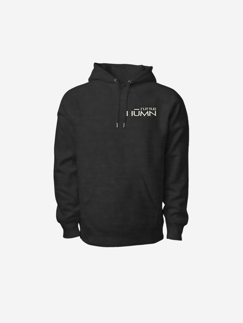 A premium charcoal-gray heavyweight hoodie showcasing the 'LITTLE HU' logo on the chest. Designed with a kangaroo pocket and adjustable hood for everyday wear.